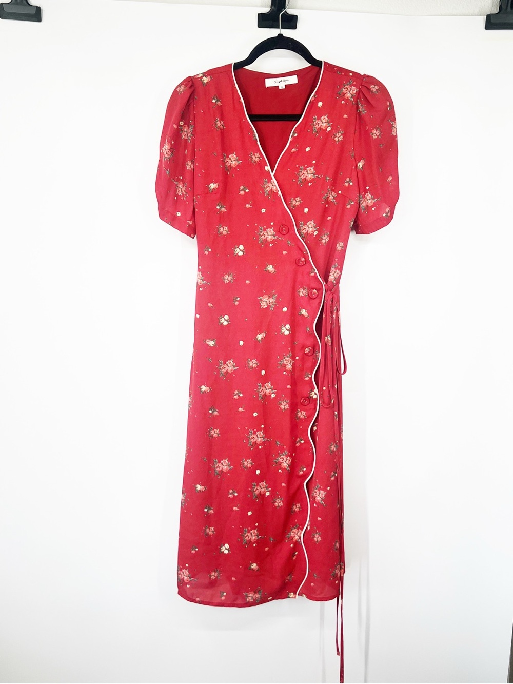 Simple Retro Kimura Floral Print Wrap Midi Dress Red - Picture 2 of 9